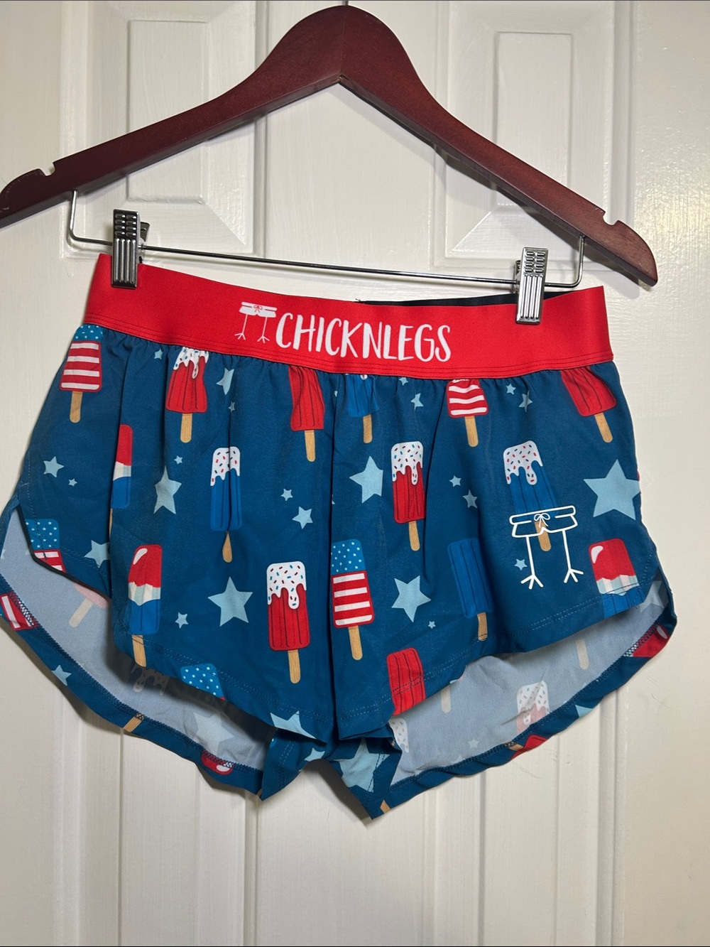 Chicknlegs, Women's Blue Patriotic Popsicle Running Shorts, size Small